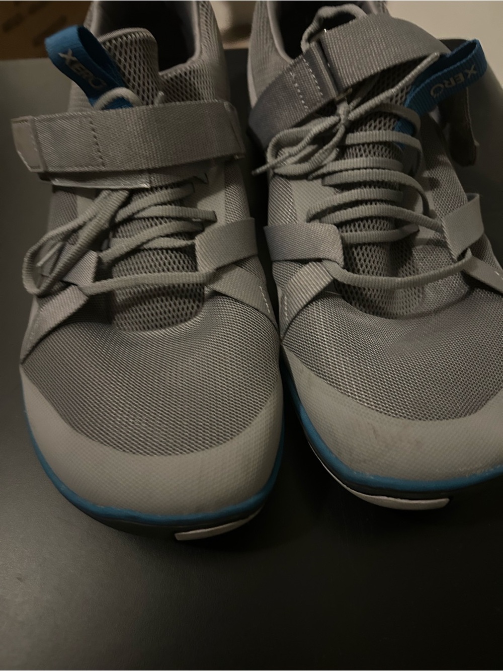 Men's Gray Athletic Barefoot Sneakers with Blue Trim and Strap